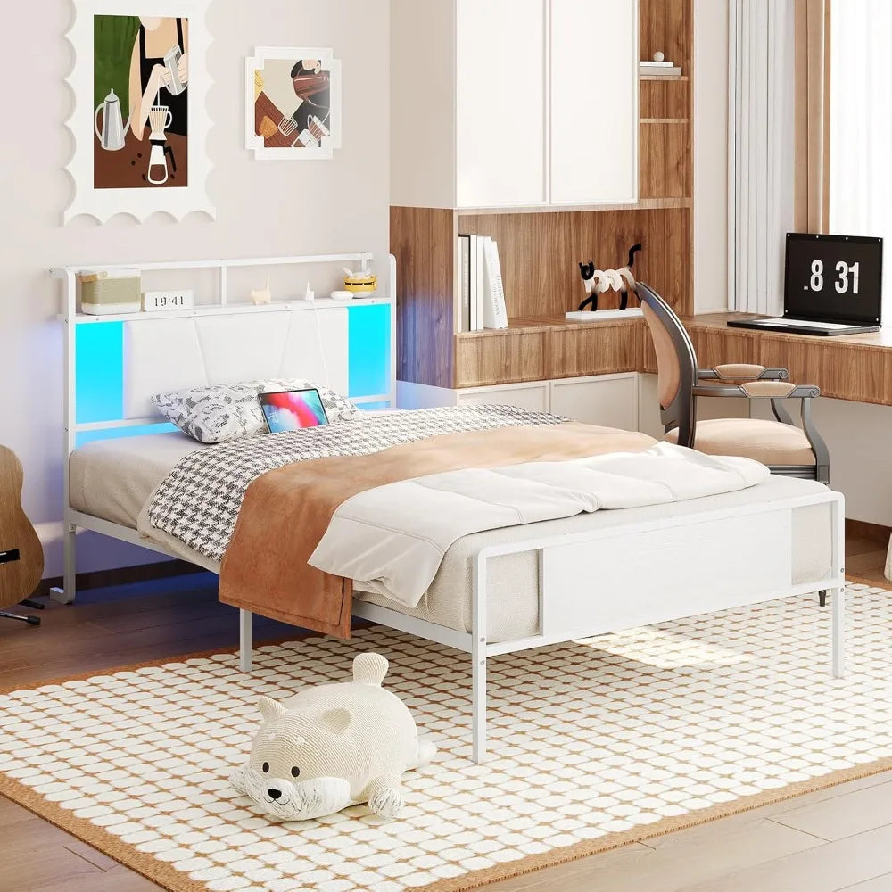 Twin Bed Frame Upholstered Headboard LED Charging Station Storage