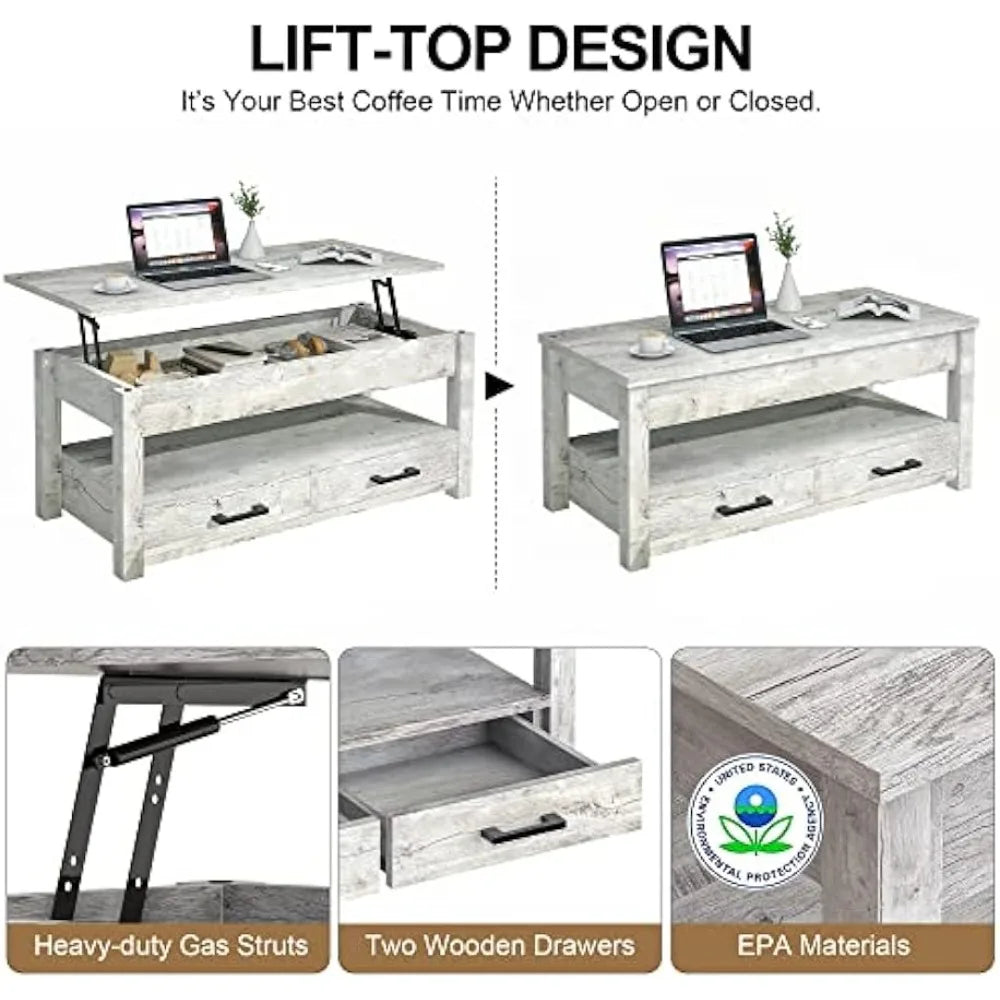 Lift Top Coffee Table with Hidden Storage Drawers Modern Minimalist