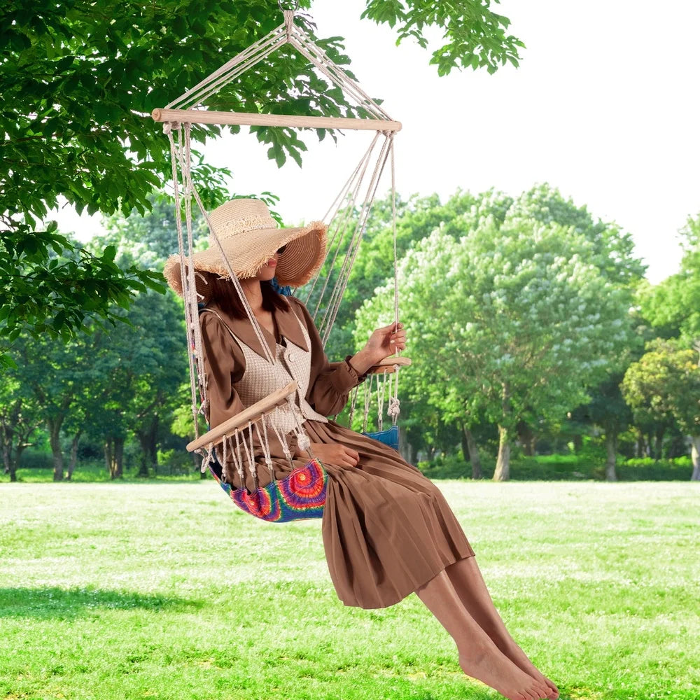 Hammock Chair with Pillow Wooden Arms Foldable Indoor Outdoor 275 lbs