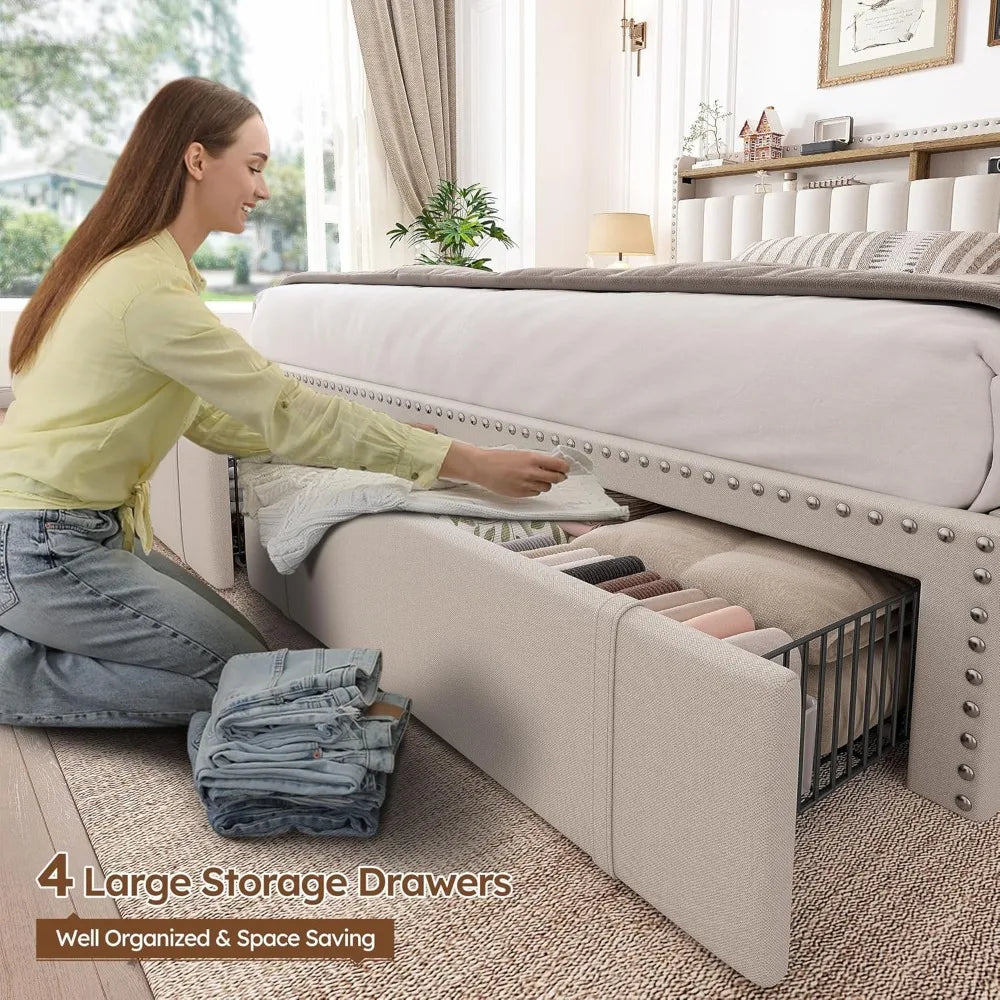 Ljustra King Size Bed Frame with 4 Storage Drawers Upholstered Support