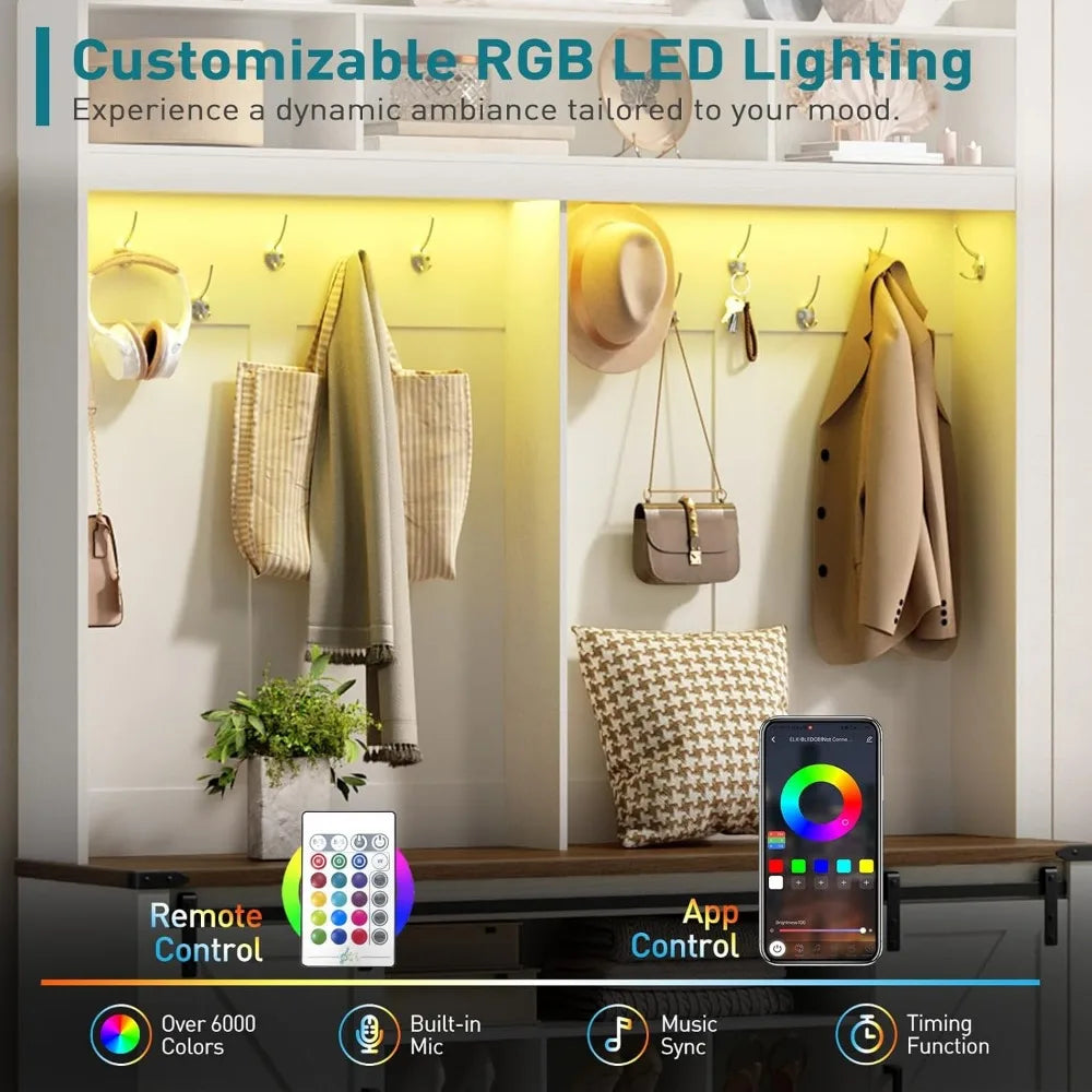 Farmhouse 58-Inch Entryway Hall Tree with LED Lighting Storage Bench