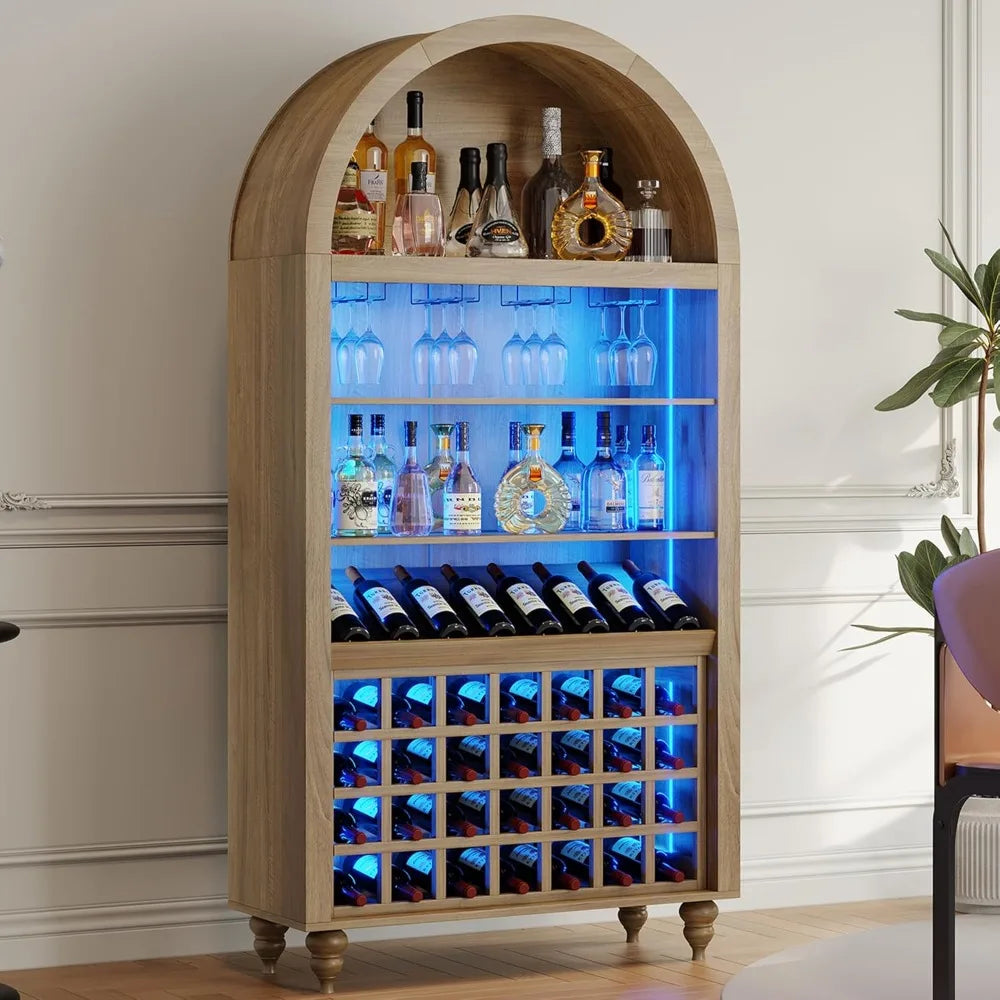 Arched Wine Bar Cabinet 71" Tall Modern Liquor Cabinet with Charging Station