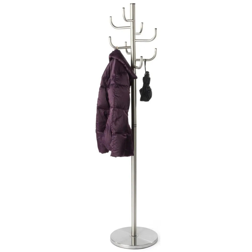 Coat Rack with 8 Hooks Weighted Base Metal Stainless Steel Brushed Silver
