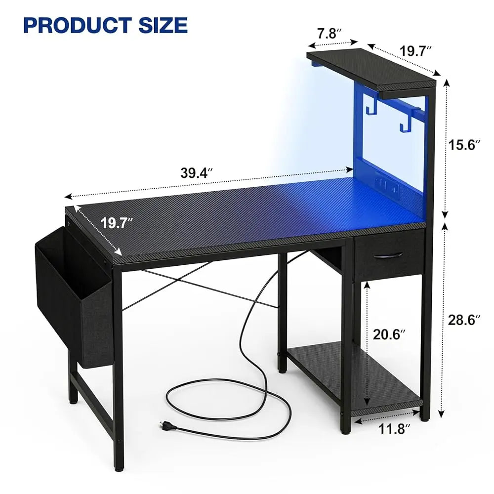 Gaming Desk with Power Outlet LED Light Reversible Shelves Storage Drawer