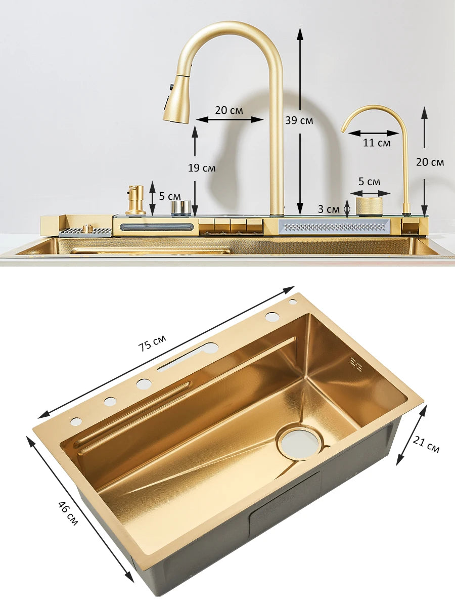 Large Stainless Steel Kitchen Sink 75x45cm with Faucet Digital Display