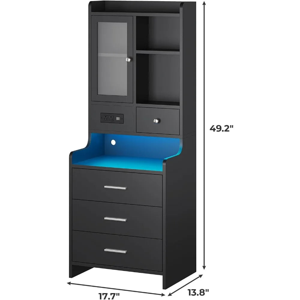Black Night Stand Set of 2 with Charging Station and LED Lights