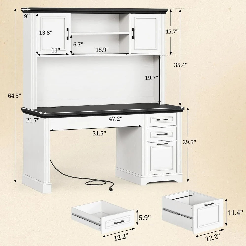 Farmhouse Computer Desk with Hutch 3 Drawers Power Outlet 47.2 Inch