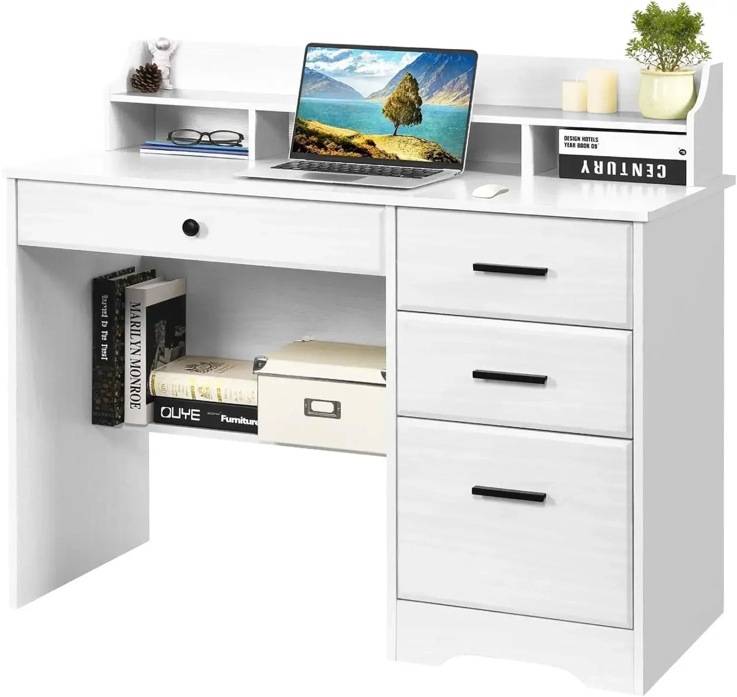 White Desk 4 Drawers Computer Desk Wood Writing Workstation Student Desk