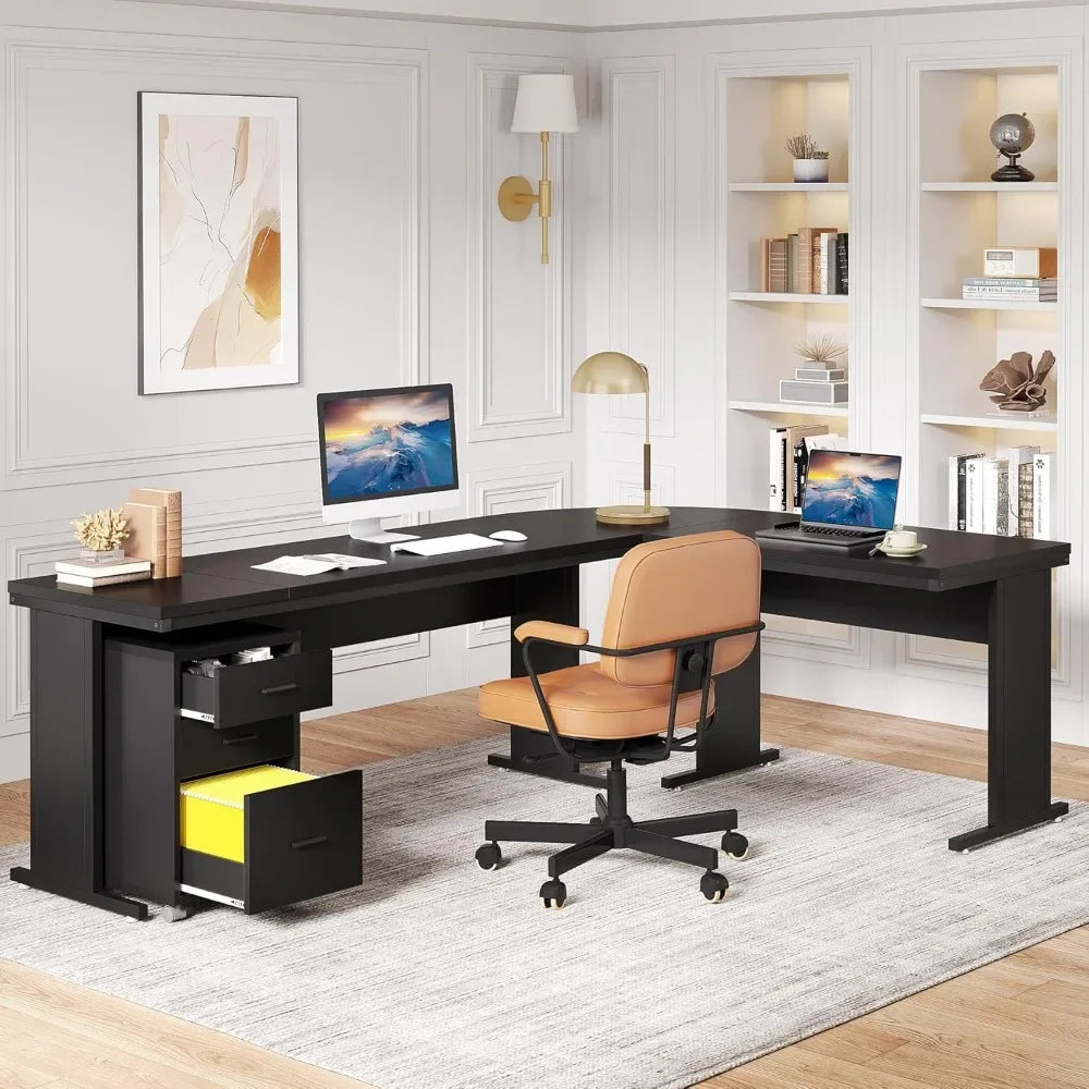L-Shaped Executive Desk with Mobile File Cabinet Large Office Computer Desk