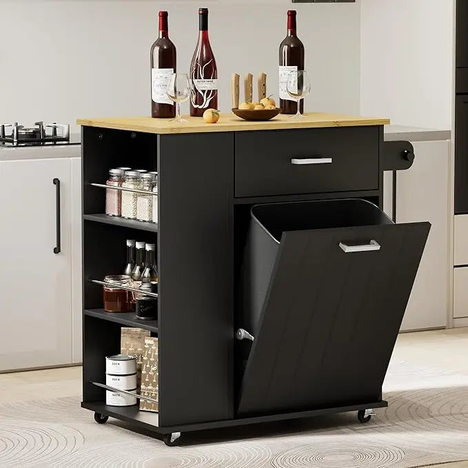 Rolling Kitchen Island on Wheels with Trash Can Storage and Spice Rack