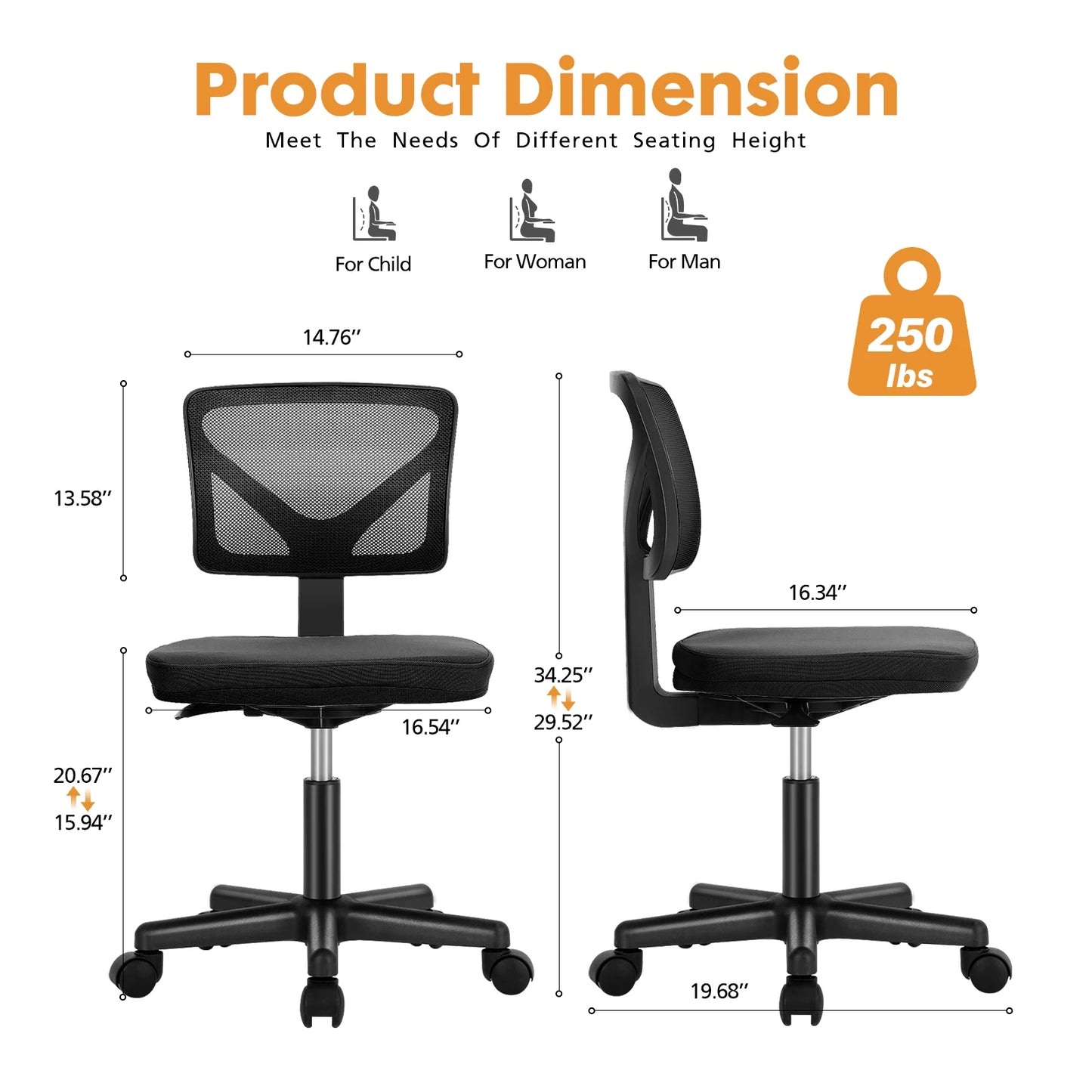 Ljustra Armless Office Chair with Lumbar Support Adjustable Height 360° Swivel