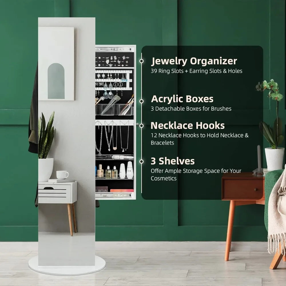 Jewelry Armoire Full-Length Mirror 360° Rotating Organizer Cabinet Storage