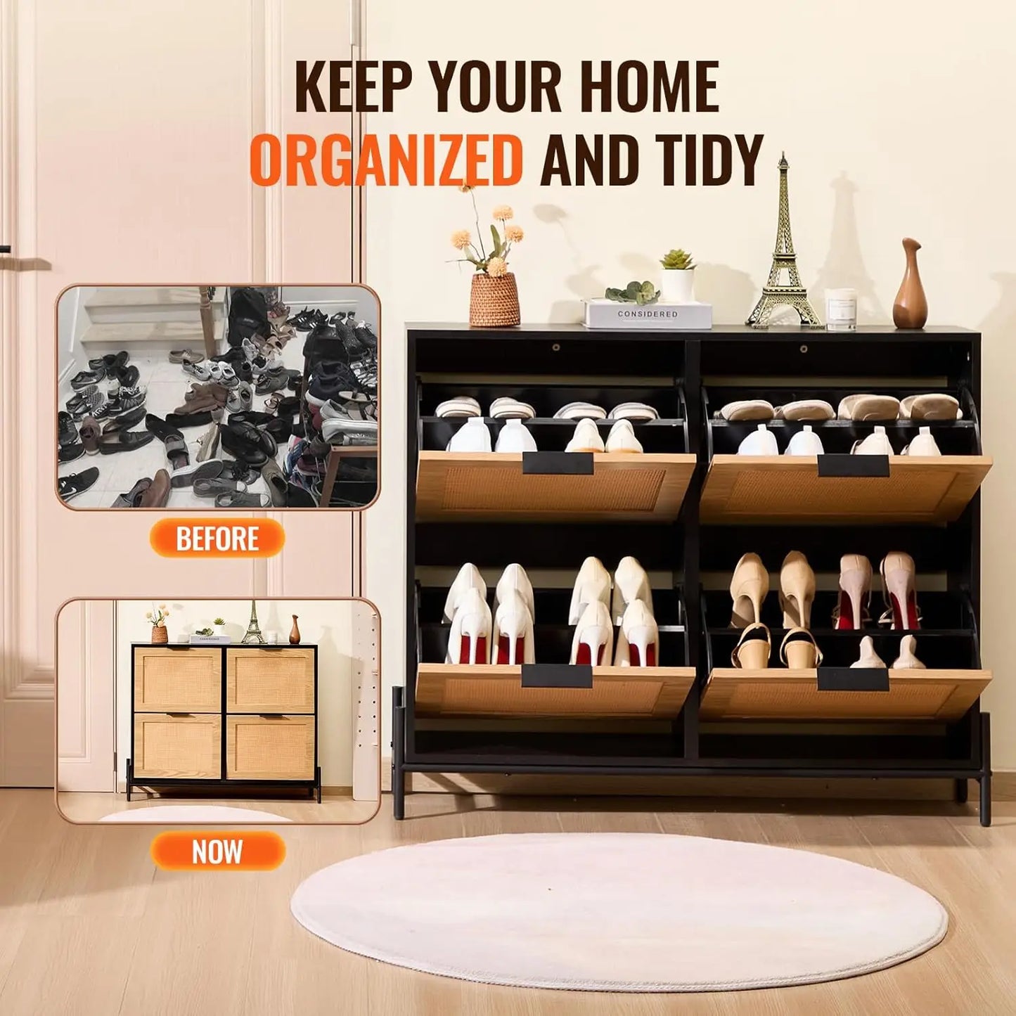 Rattan Shoe Cabinet Narrow Shoe Storage Organizer with 4 Flip Drawers Slim