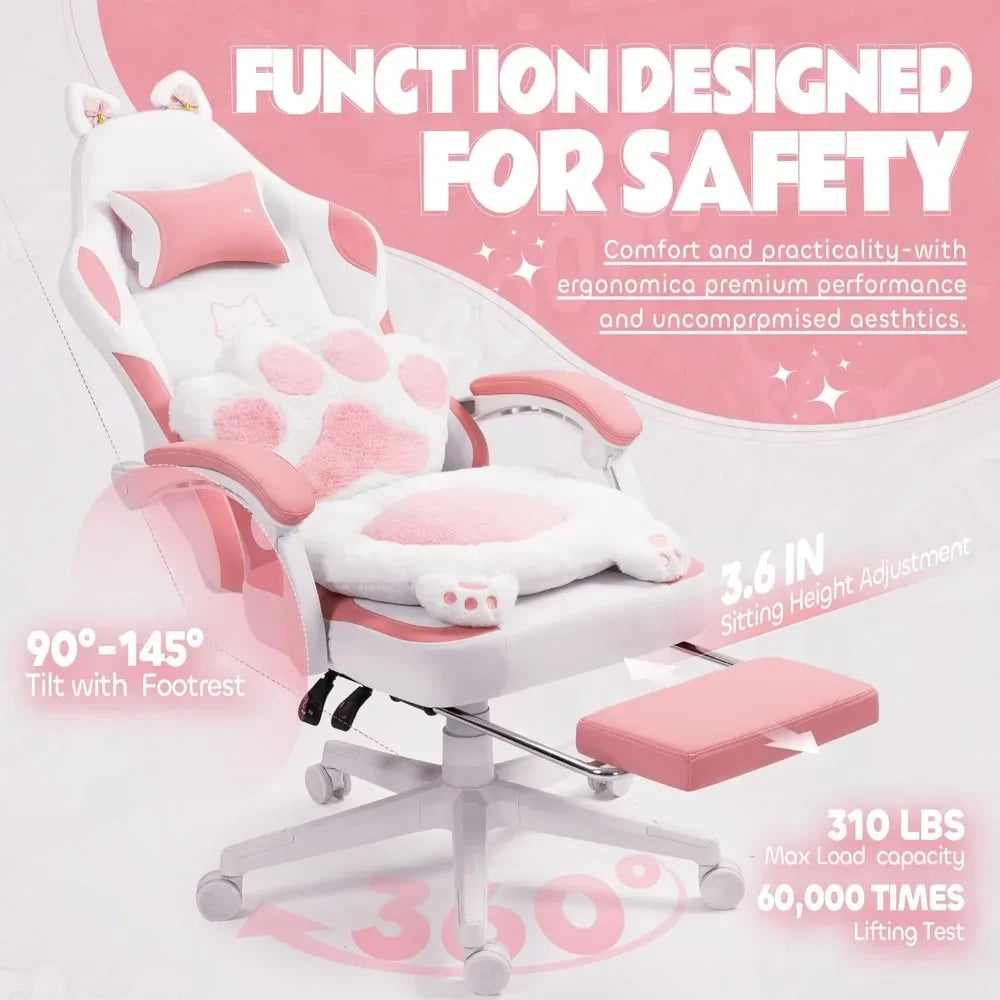 Cute Gaming Chair with Cat Ears Lumbar Cushion Ergonomic Footrest Reclining
