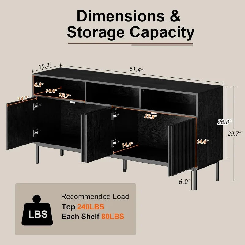 Mid Century Modern Sideboard Buffet Cabinet Storage 61.4 Inch Fluted