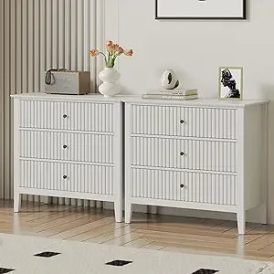 Green Fluted 3 Drawer Dresser Modern Wood Chest of Drawers Nightstand