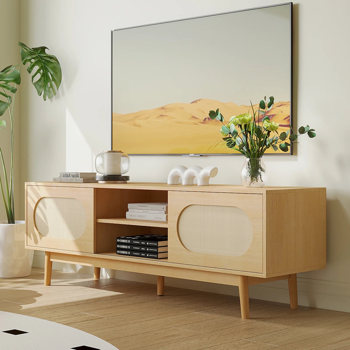 Farmhouse Rattan TV Stand Modern Entertainment Center for 55-65 inch TV