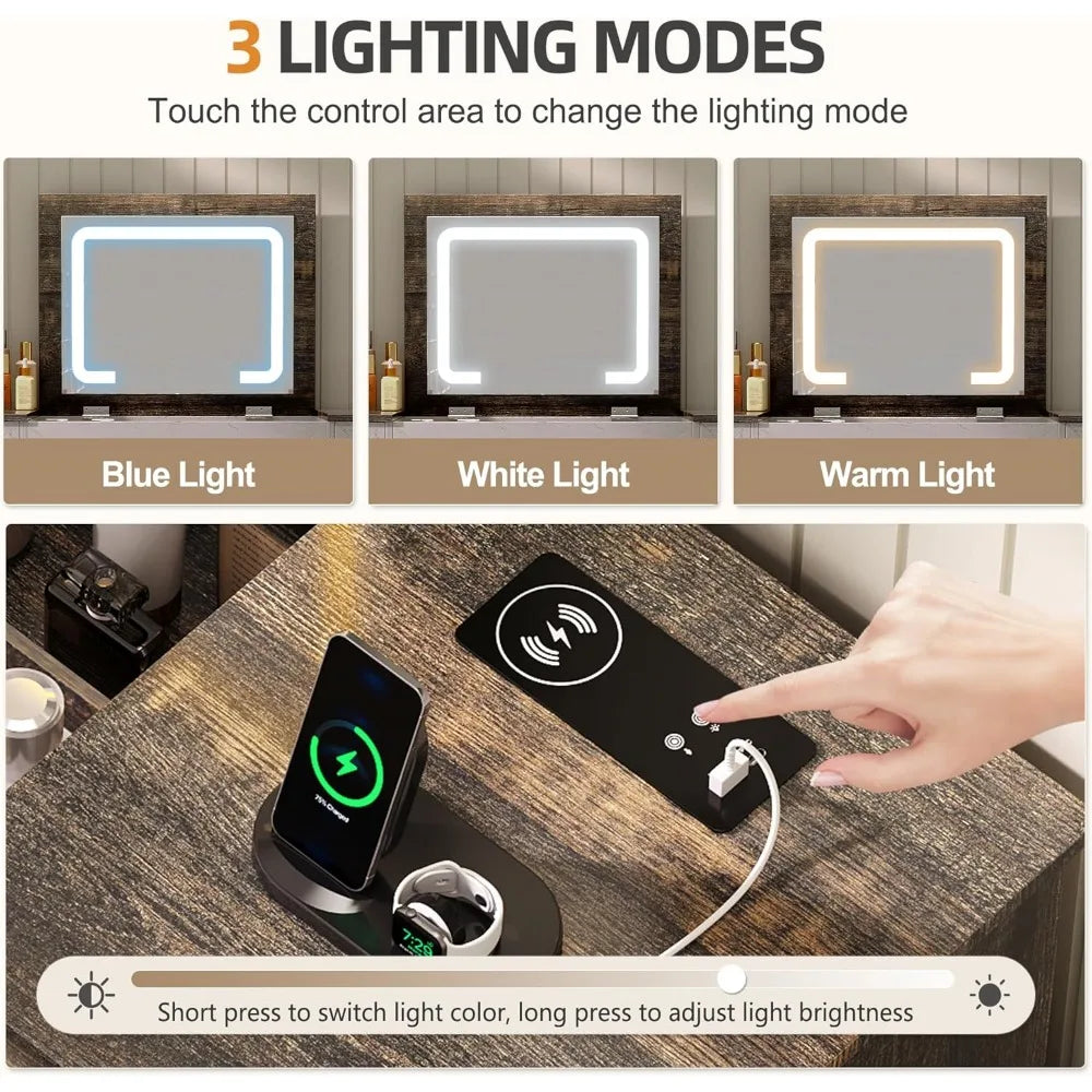 3-in-1 Vanity Desk with LED Lights and Mirror Compact Makeup Table