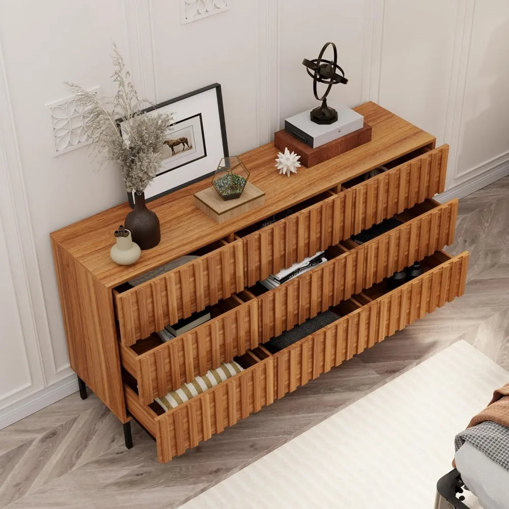 Fluted Dresser 59" Wide 9 Drawer Mid Century Modern Wood Chest