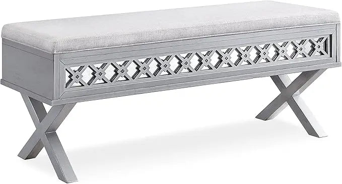 Mirrored Diamond Filigree Lift Top Storage Bench for Bedroom Foyer