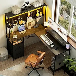 L Shaped Desk with Pegboard LED Lights and Power Outlets for Gaming