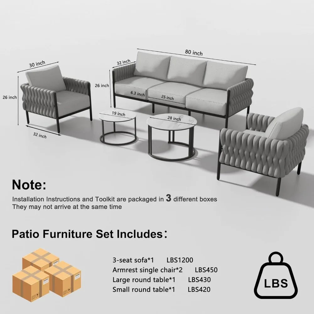 5-Piece Modern Metal Patio Furniture Set Deep-Seat Sofa with Cushions