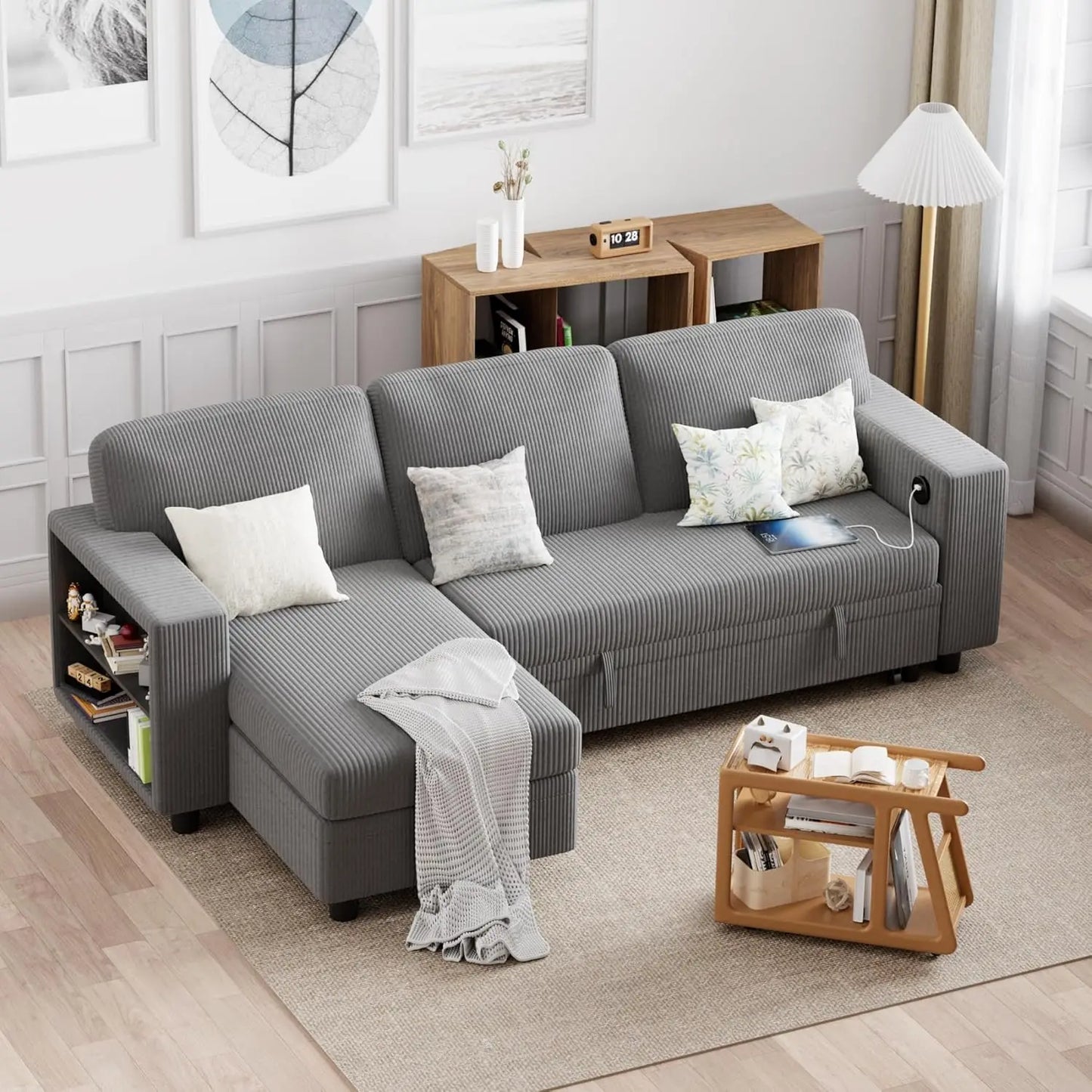 80 Inch Sleeper Sofa Couch with USB Charging Ports and Bookshelves