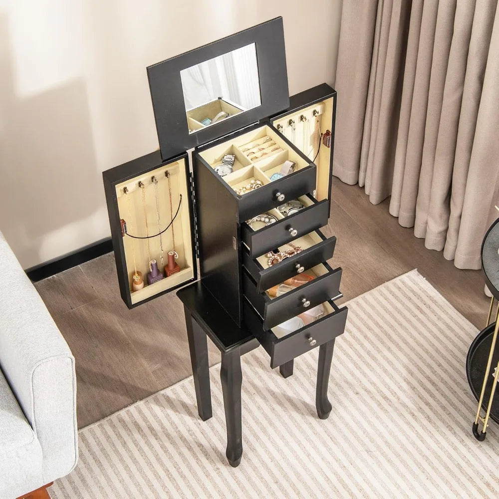 Jewelry Cabinet Armoire Chest with 4 Drawers Flip Top Mirror Hooks