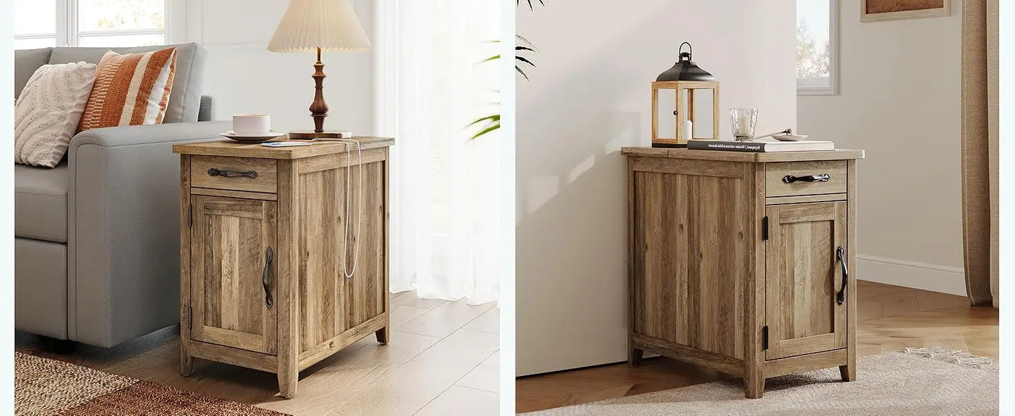 Ljustra Farmhouse End Table with Charging Station Narrow Side Table Storage