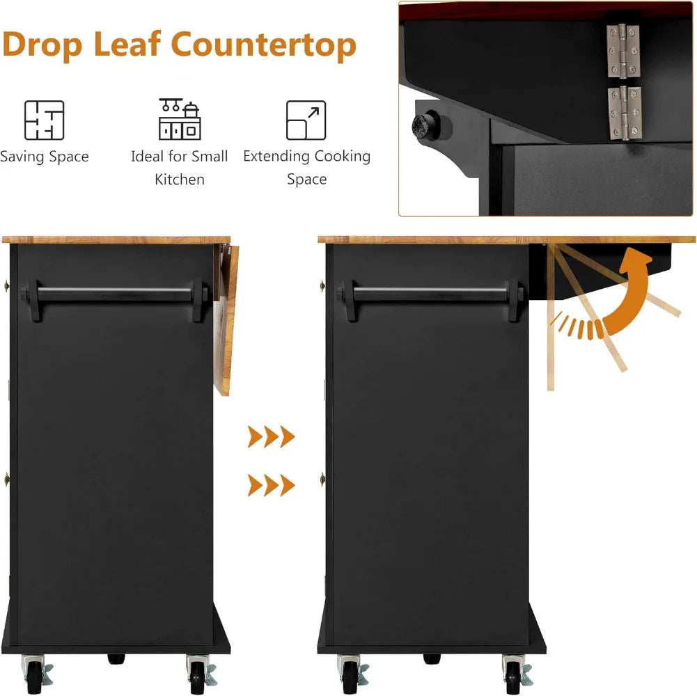 Kitchen Cart Wood Top Drop Leaf Rolling Kitchen Island Table on Wheels