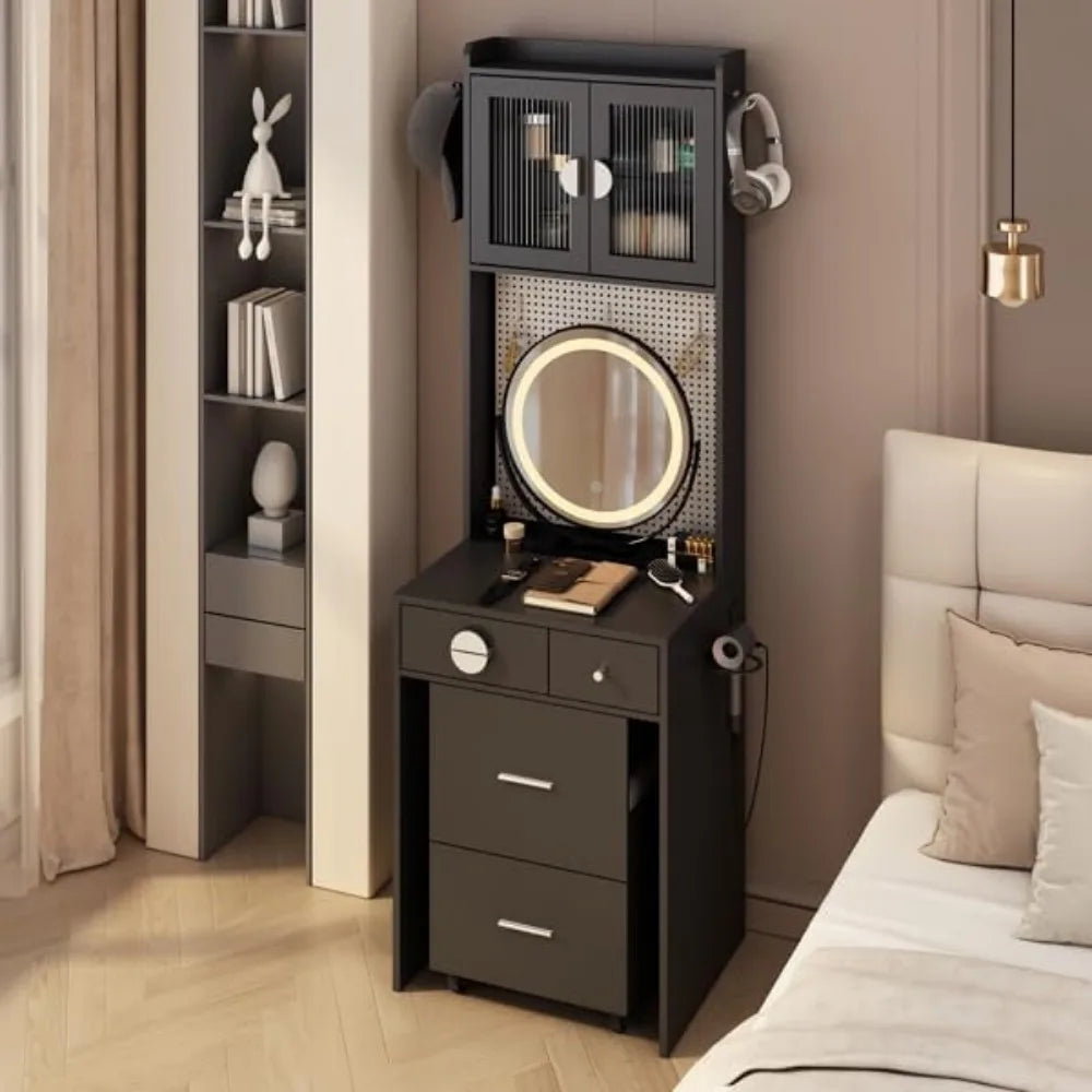 contemporary makeup vanity set with illuminated mirror and storage