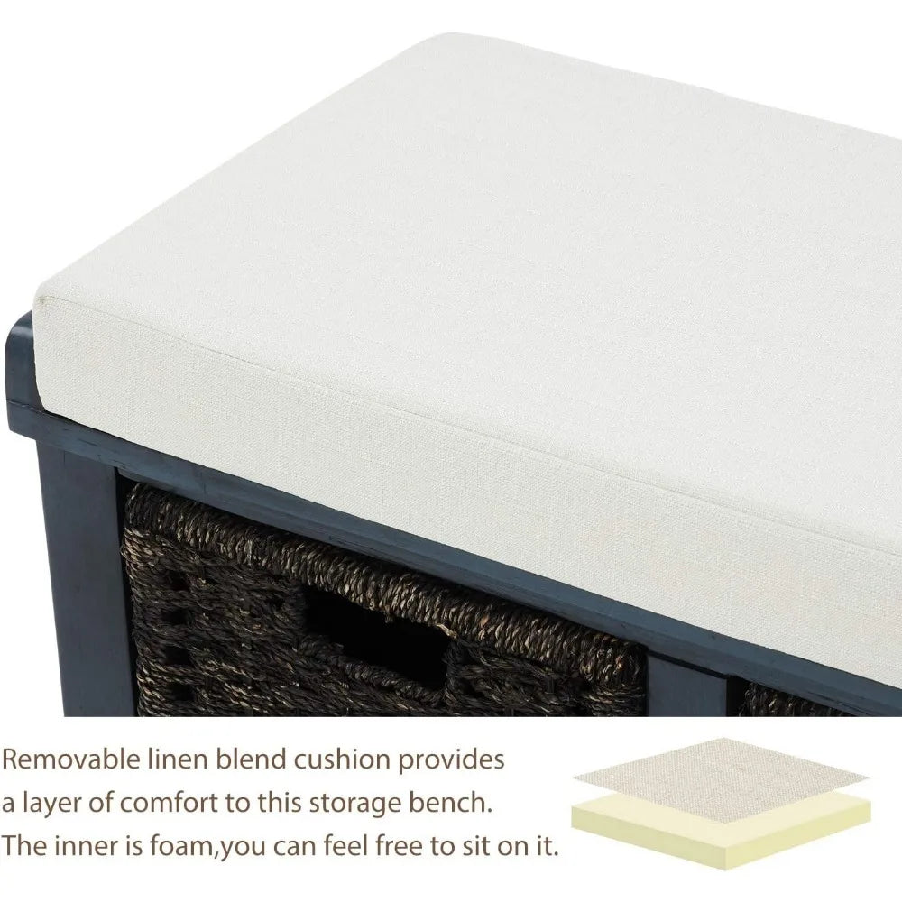 Rustic Storage Bench Entryway Bench with Rattan Baskets and Cushion