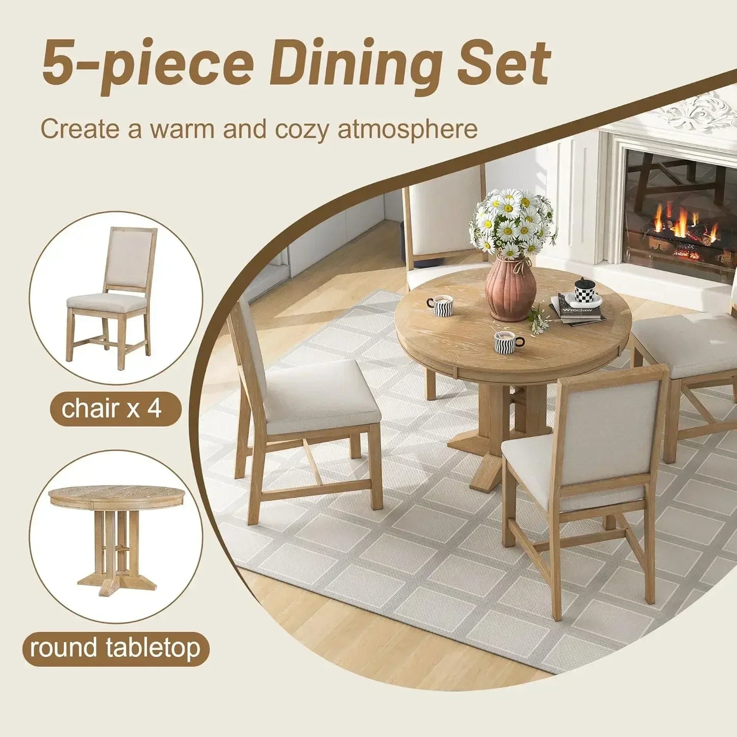 5-Piece Farmhouse Round Dining Table Set with 4 Upholstered Chairs
