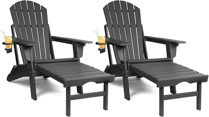 Adjustable Folding Adirondack Chairs Set of 2 with Ottoman Cup Holder