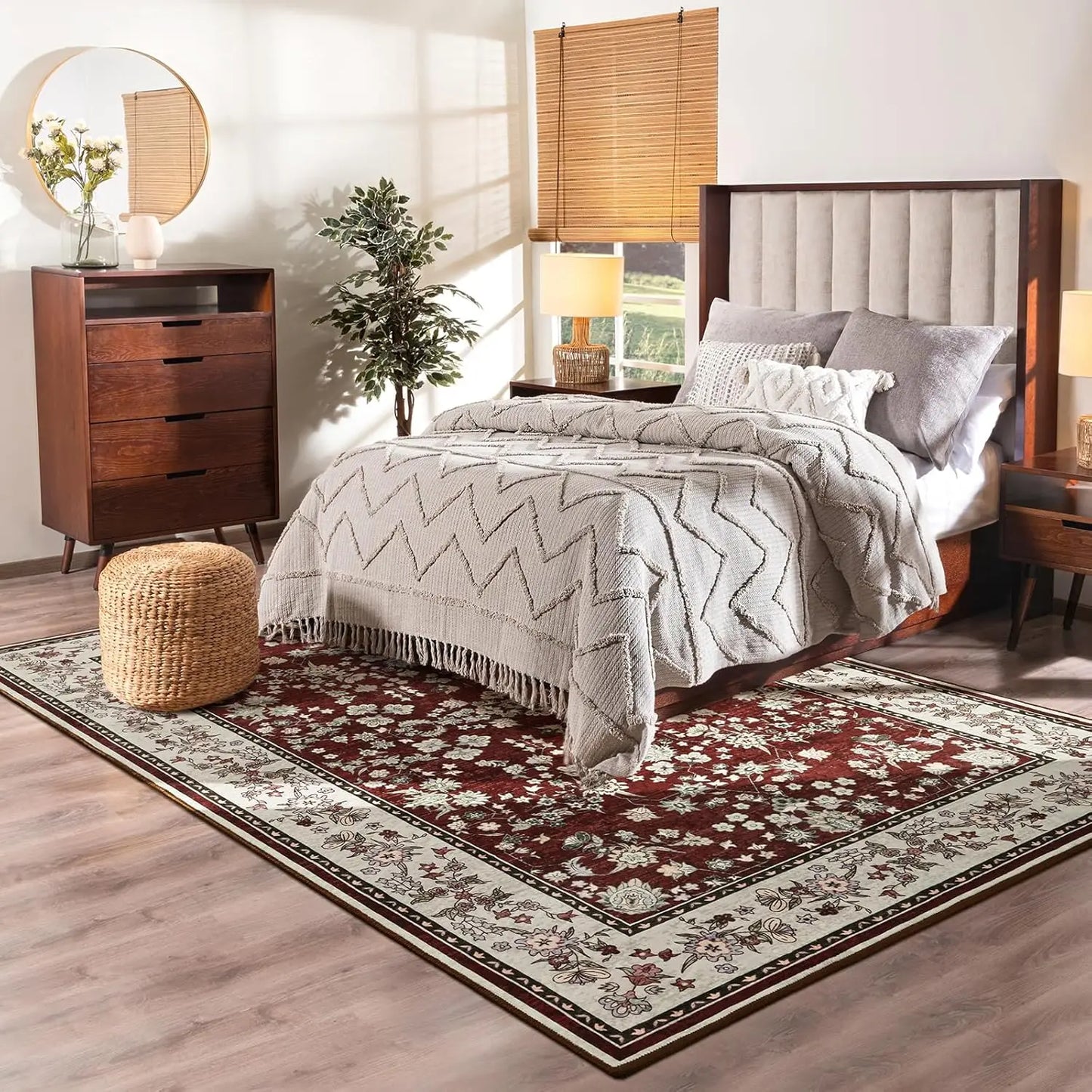 Ljustra Washable Area Rug Vintage Floral Print Non Slip Soft Carpet