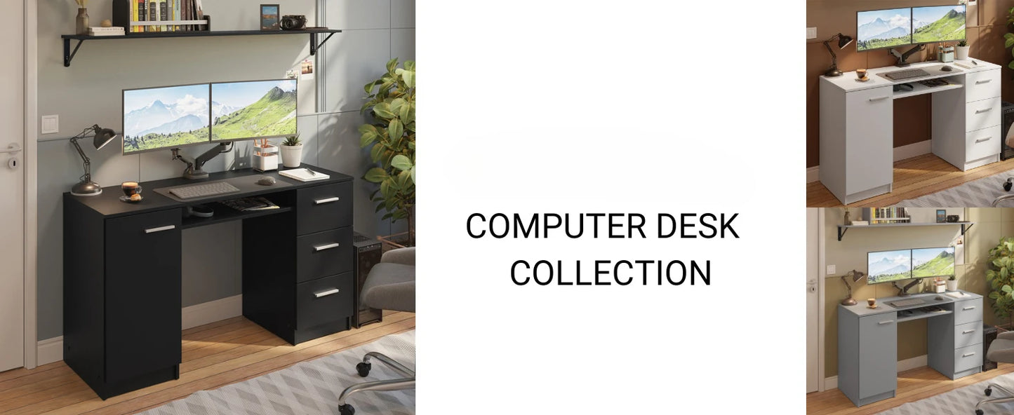 Computer Desk with Drawers and Storage Shelf Modern Home Office Workstation