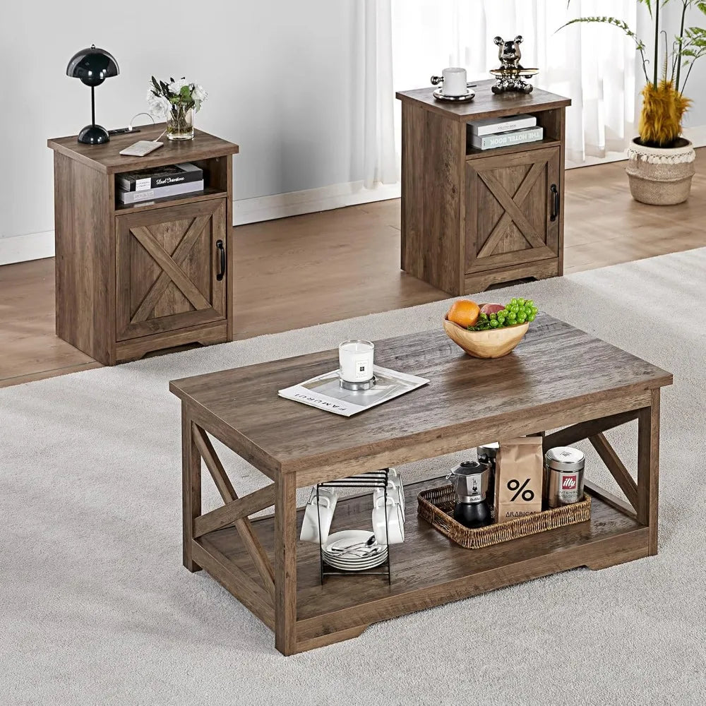 3-Piece Farmhouse Coffee Table Set with Charging Station and Storage