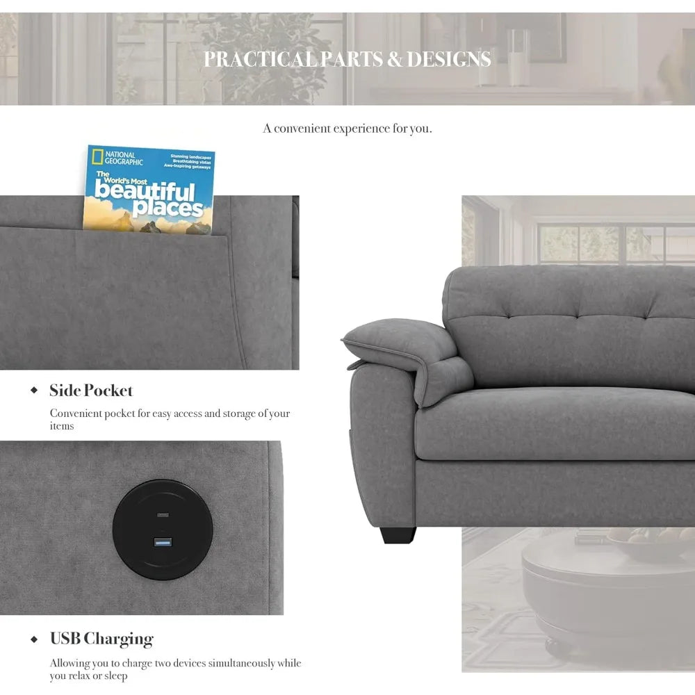 Ljustra 87" Modern Sofa Couch Extra Deep Seats USB Charging Pockets