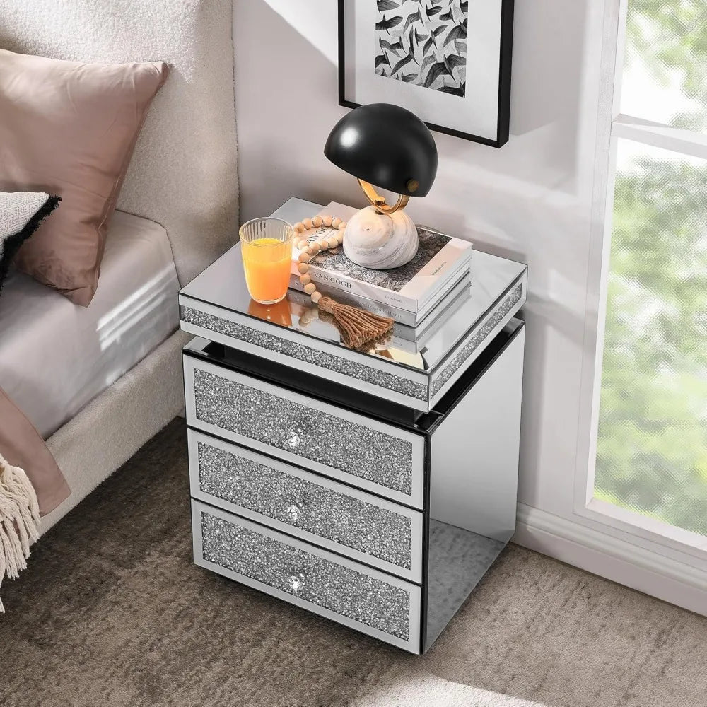 Luxury Crystal Mirrored Nightstand Bedside Cupboard Modern Furniture