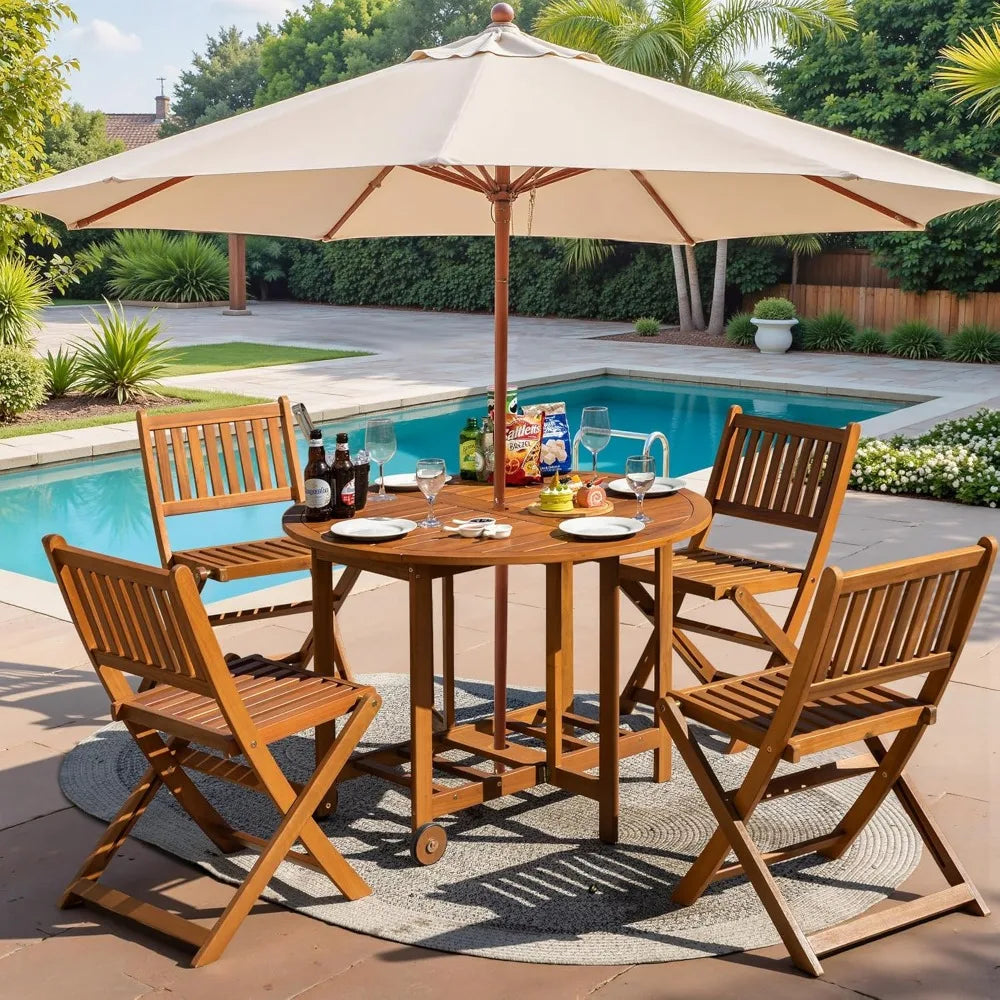 5 Piece Outdoor Acacia Wood Patio Dining Set Round Folding Table Chairs
