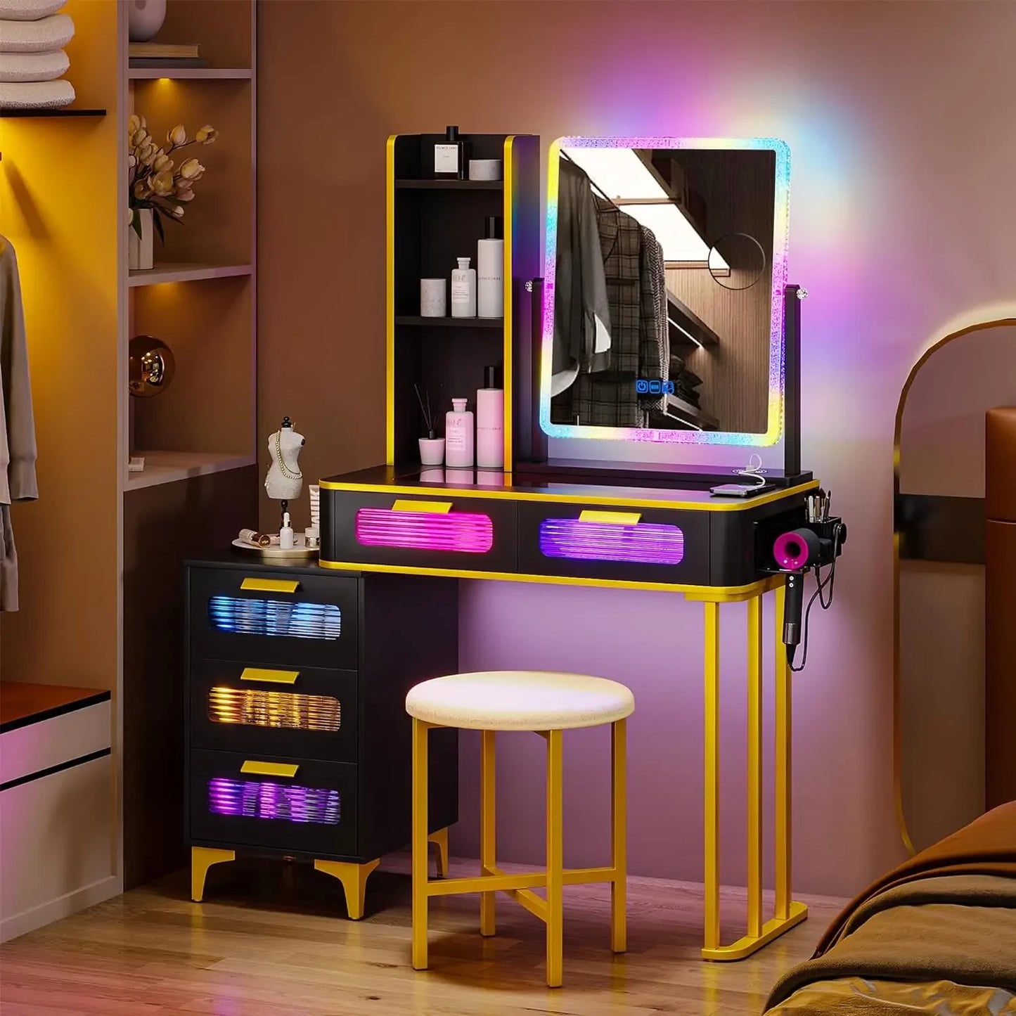 Makeup Vanity Table with Wireless Charging USB Ports 5 Drawers LED Mirror