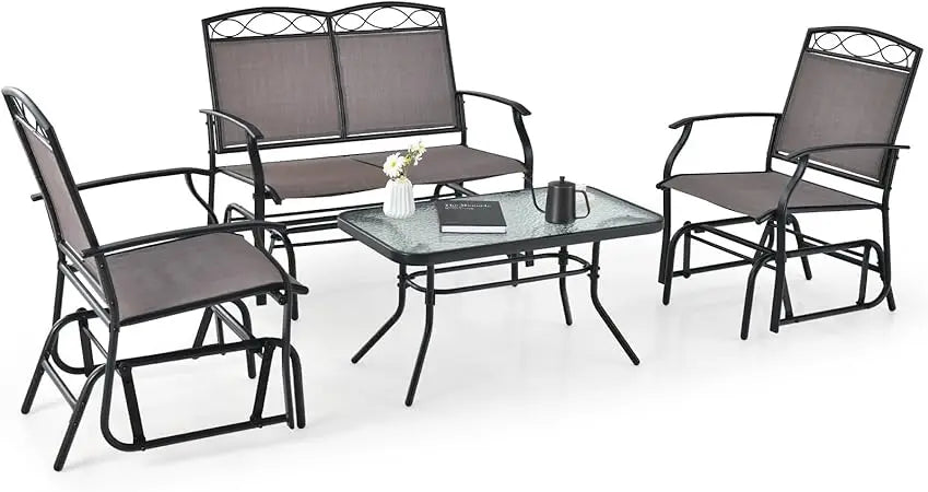 4 Piece Outdoor Glider Chair Set Patio Furniture with Glass Table