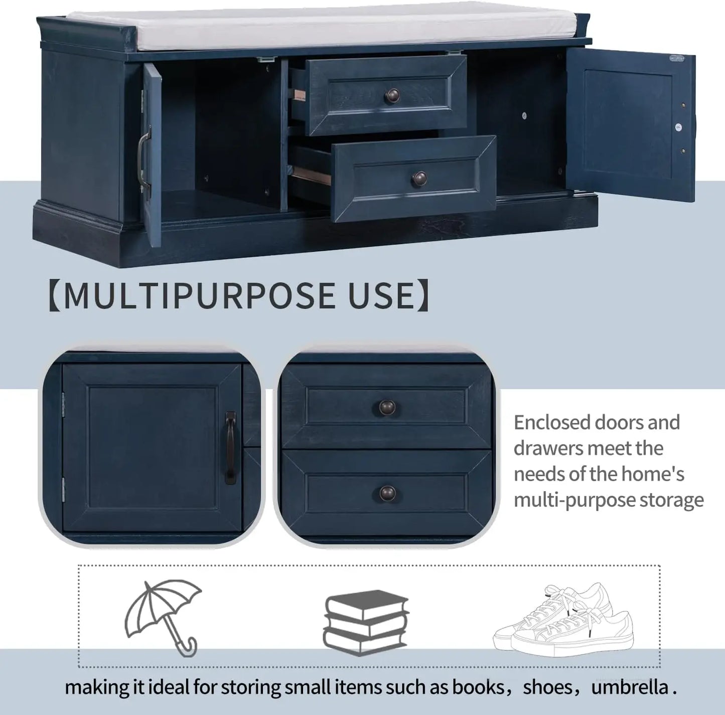 Vintage Entryway Bench with 2 Drawers and 2 Cabinets Wooden Shoe Storage