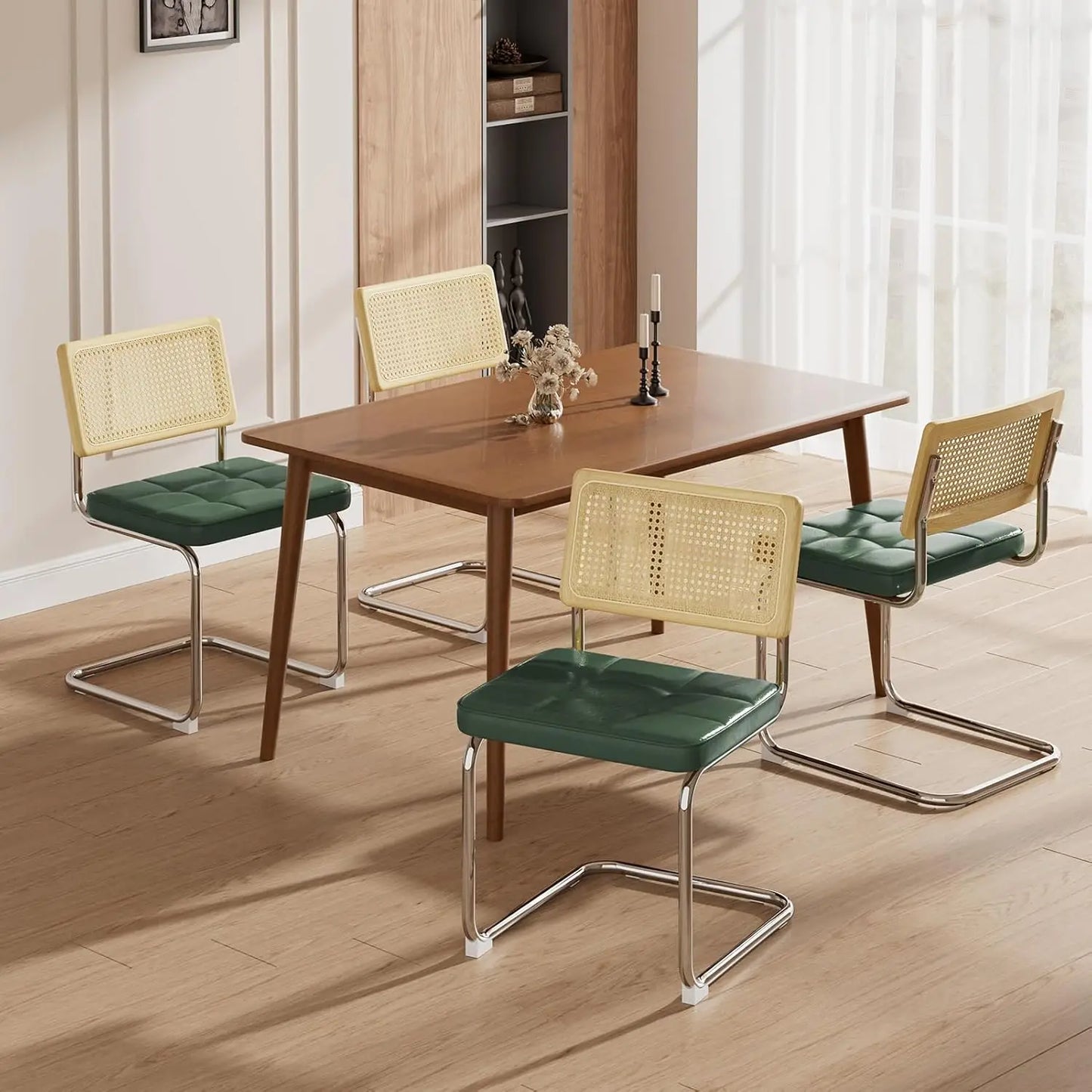 Modern Dining Chairs Set of 4 Faux Leather Cane Back Metal Legs Rattan