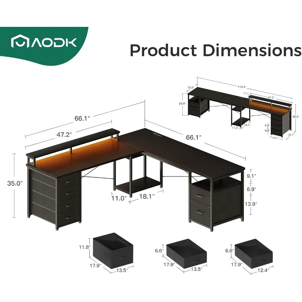 66 Inch L Shaped Computer Desk Reversible Home Office Desk with Drawers LED Light