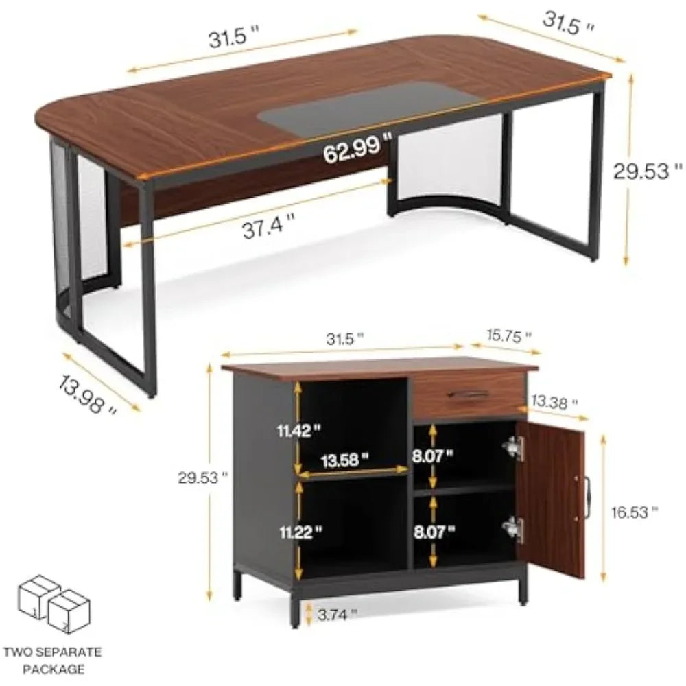 63 Inch L Shaped Executive Desk with File Cabinet Large Computer Desk