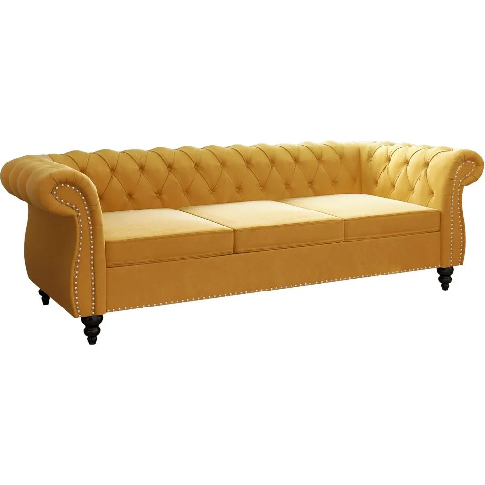 84" Velvet Chesterfield Sofa Tufted Couch w/ Rolled Arms & Nailheads, 3 Seater