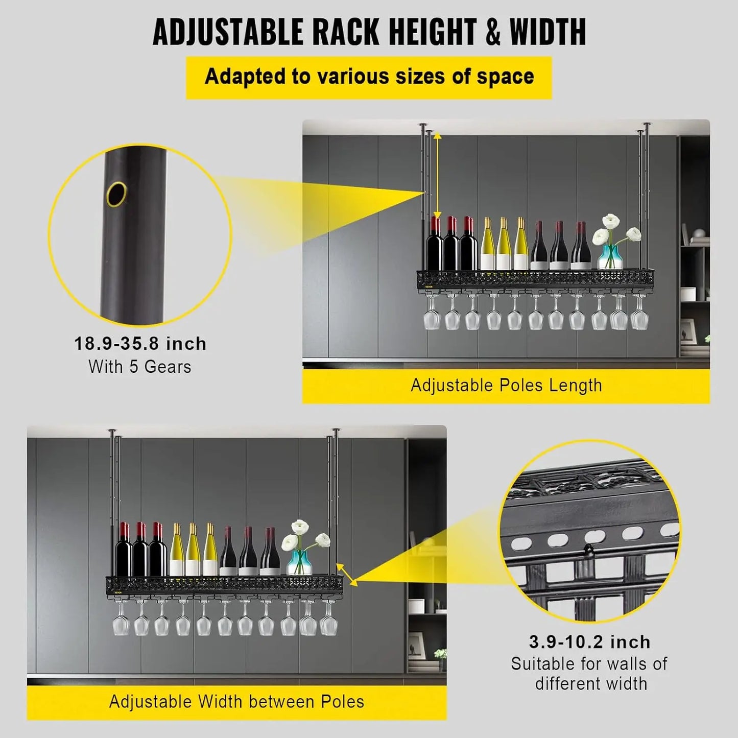 Ceiling Wine Glass Rack Adjustable 46.9 x 13 inch Hanging Wine Rack