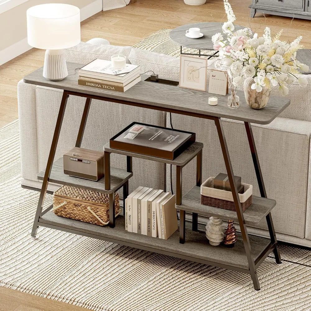47.2" Industrial Narrow Entryway Table with Power Outlets and Storage