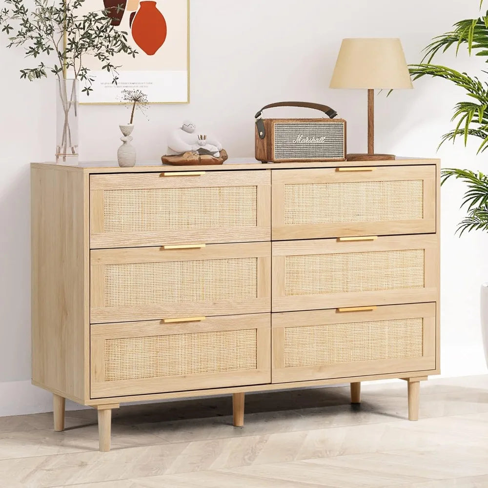 6 Drawer Rattan Dresser Modern Chest of Drawers Storage for Bedroom